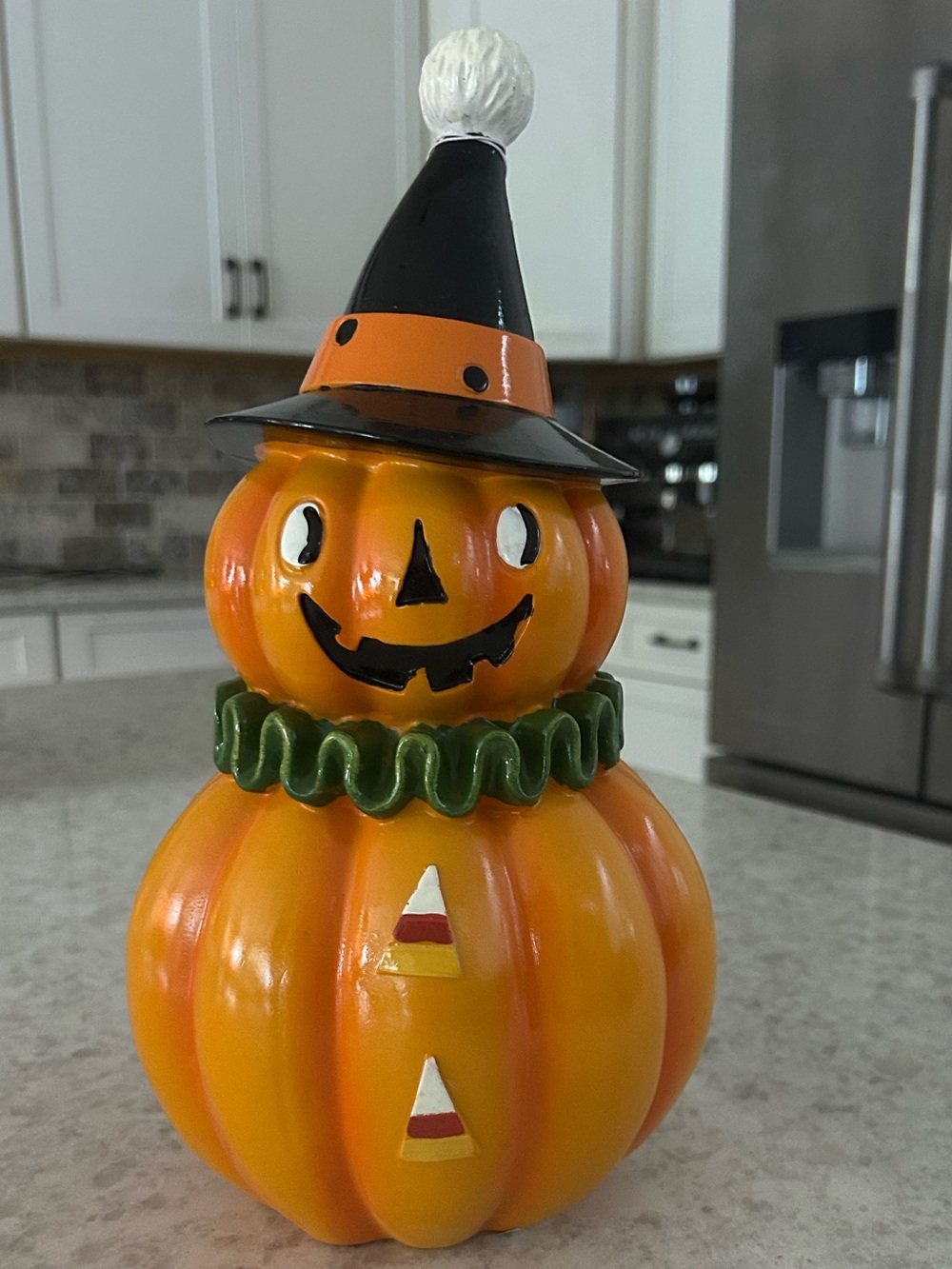 “New” Ghoulish Halloween Pumpkin Figurine with Witch Hat